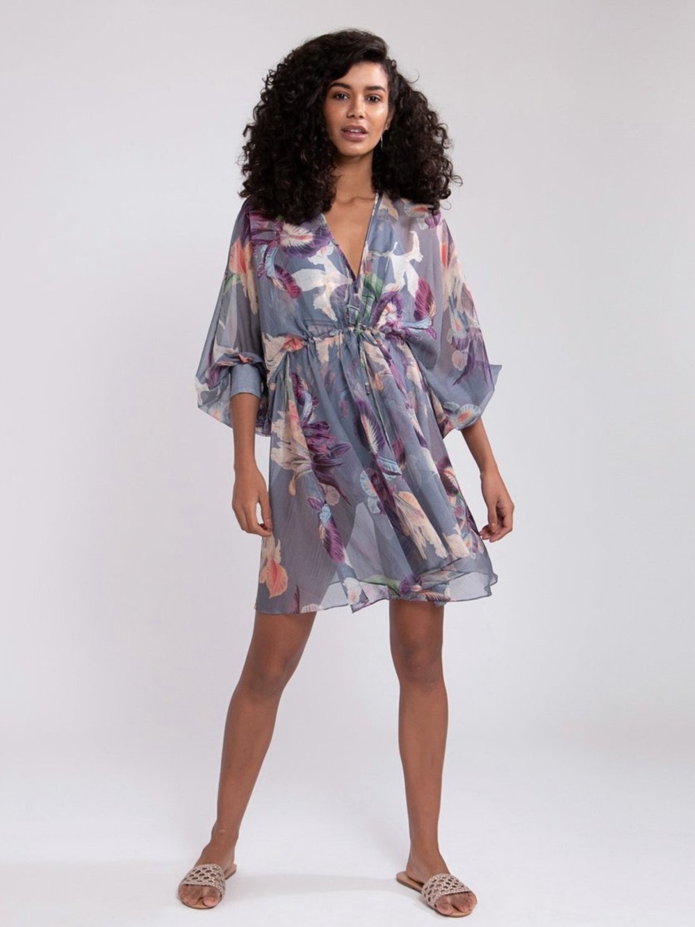 PatBo Grace Floral Print V-Neck Chiffon Coverup Mini Dress in Dusk